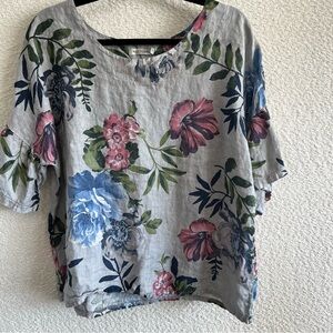 Laura‎ Bianchi Women’s 100% Linen Gray Floral Shirt Made In Italy Size Large